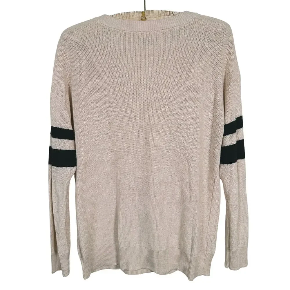 American Eagle Rugby Stripe Henley Sweater Medium Beige Ivy League Coastal Prep